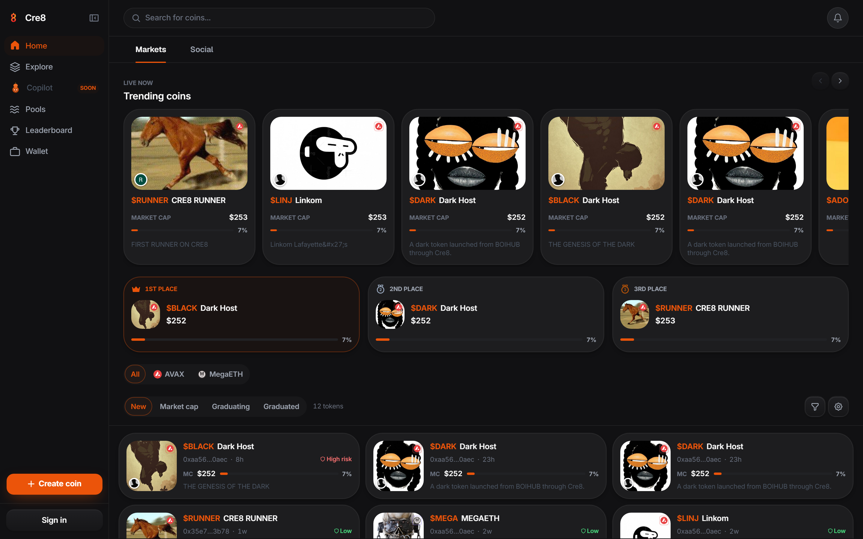 Cre8 home — trending markets, leaderboard, sidebar nav
